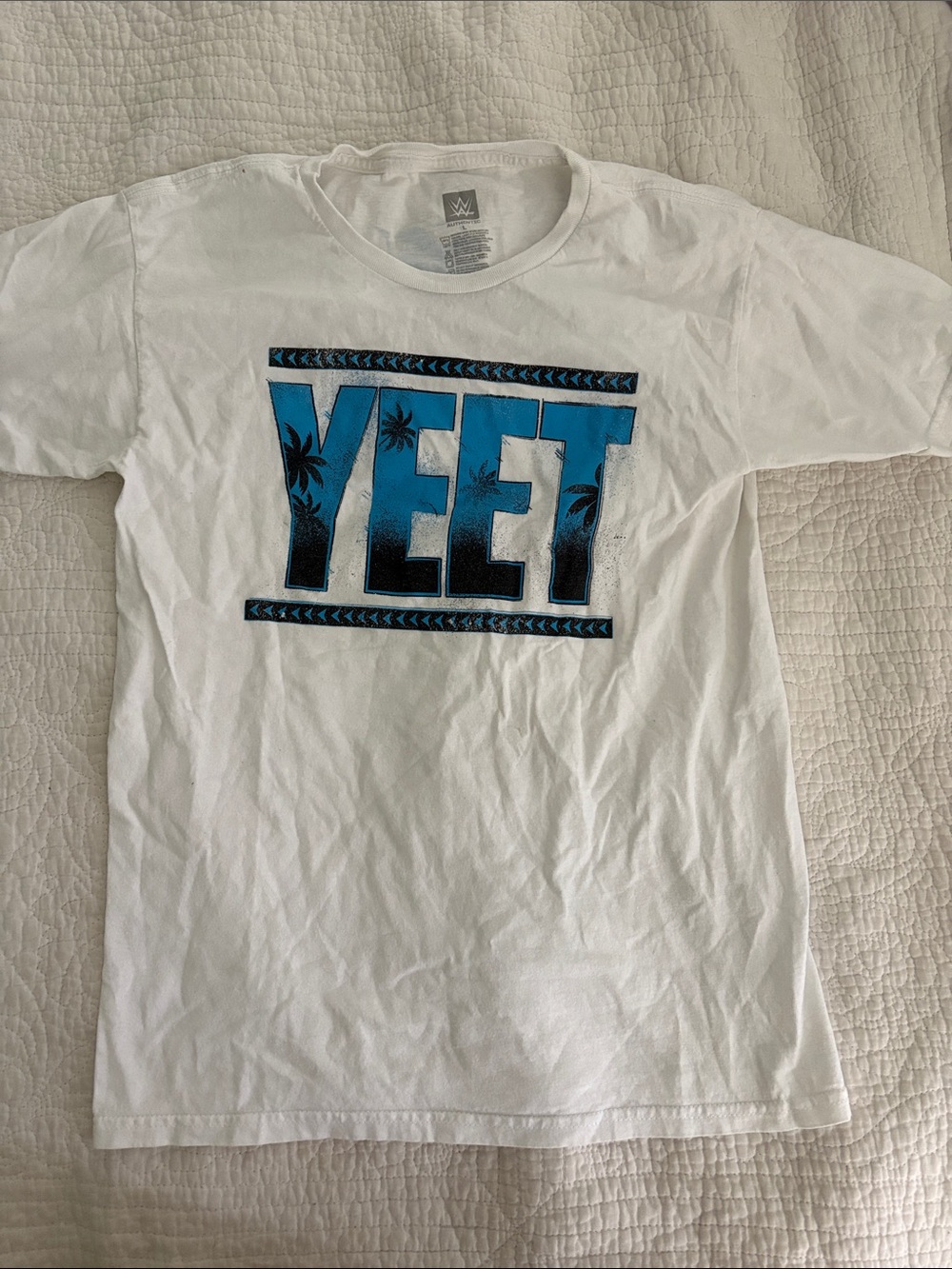 WWE White Tee with Blue "YEET" Graphic